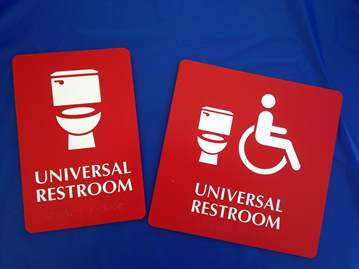 Photo of signs indicating Universal Restrooms